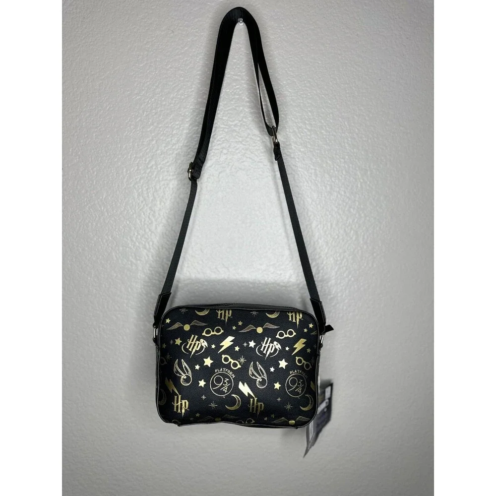 NEW Harry Potter Crossbody Bag Adults Small Black Faux Leather Logo Gold Icons